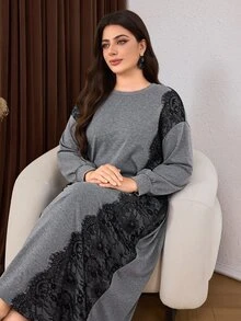 Lacomfia Sweatshirt Wanita Ukuran Besar dengan Motif Renda, Patchwork, Kasual, Serbaguna, Elegan, Modis, Cocok untuk Makan Siang, Makan Malam, Warna Abu-abu, Musim Gugur - Grey - View 1