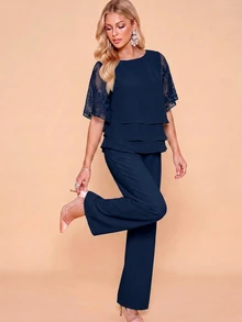 Amorya Women's Elegant Casual Commute Floral Embroidered Mesh Patchwork Shirt Pants 2 Pieces Set Wedding Party Cocktail Formal Navy Blue Summer - Navy Blue - View 2