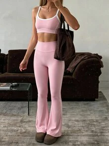 SHEIN Sovereign Charm Women's Striped Colorblock Cropped Tank Top And Flared Leggings Sports Set - Pink - View 3