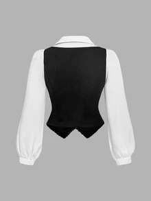 SHEIN MOD Plus Size Black Autumn/Winter Preppy Style 2 In 1 Shirt, Casual Preppy For Girls, Elegant Daily Commute - Black - View 2