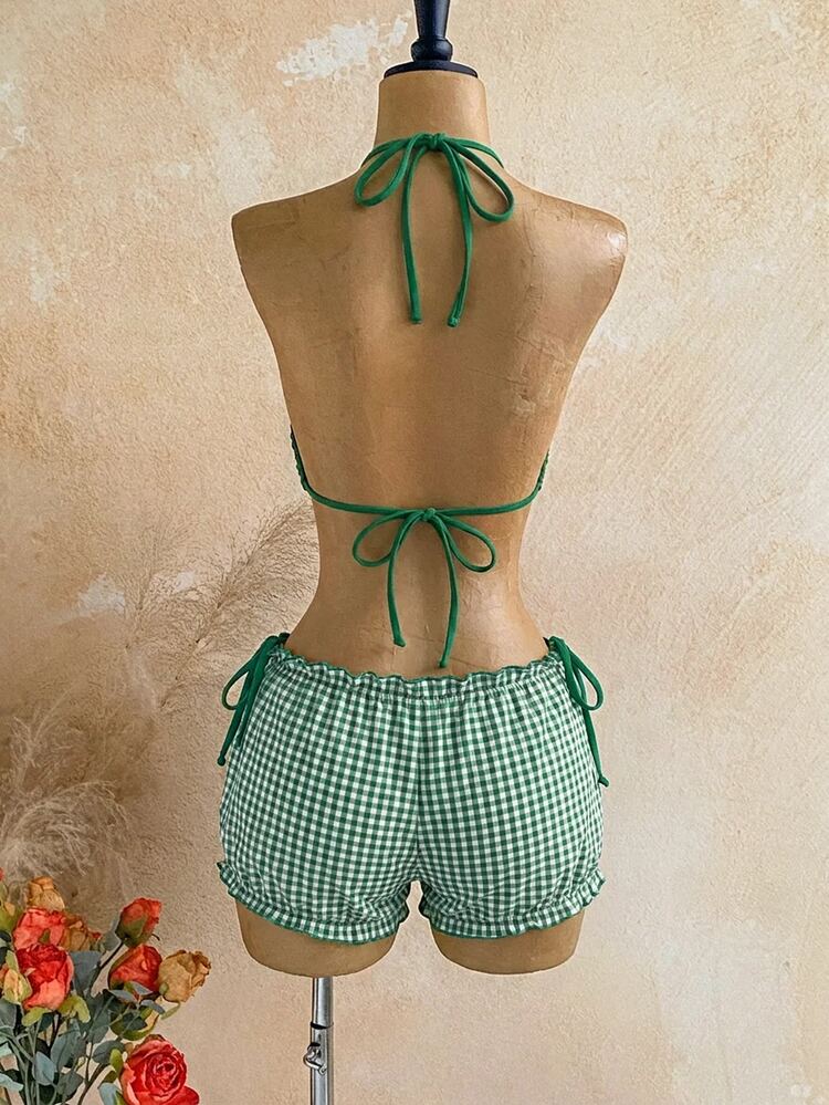 Soleia Summer Beach Vacation Solid Color Halter Tie Sexy Tropical Modest Fashion Bikini Two Pieces Swimsuit Set With Plaid Cover-Up Shorts For Women Green - Green - View 6