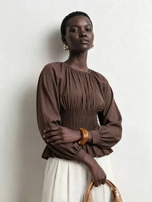 Aalyst Women's Long Sleeve Heavy-Duty Striped Waist-Curved Round Neck Blouse, Suitable For Commuting And Daily Wear - Coffee Brown - View 5