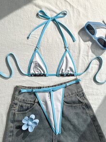 SHEIN Swim Women's Summer Sexy Spaghetti Strap Halter Neck Bikini Swimsuit 2 Pieces Set For Beach Vacation - Multicolor - View 2