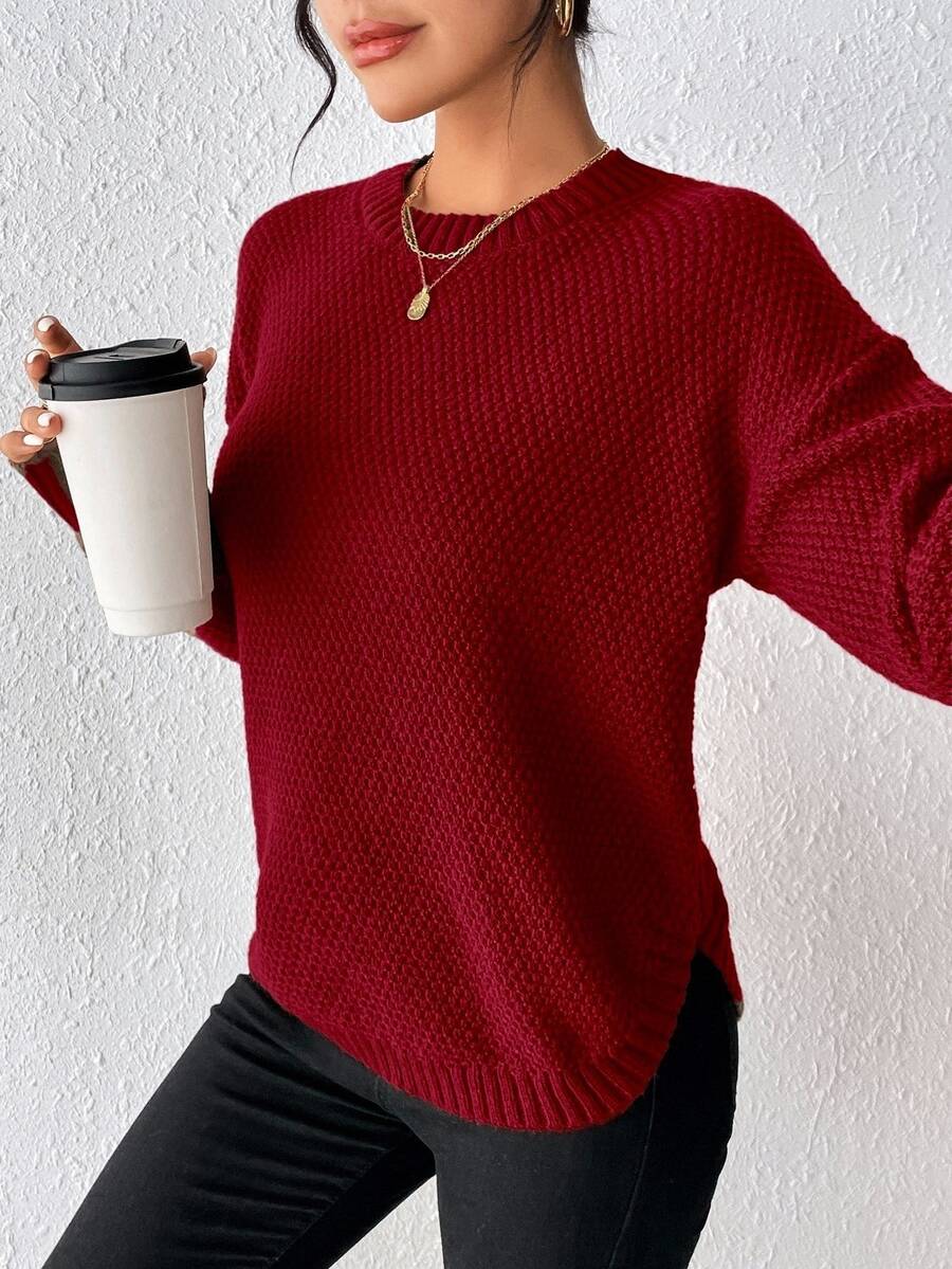 SHEIN Raffinéa Women's Casual Simple Versatile Solid Color Sweater, Autumn/Winter Everyday Burgundy Red - Red - View 1