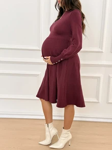 SHEIN Maternity Autumn/Winter Casual Knit Dress - Burgundy - View 5