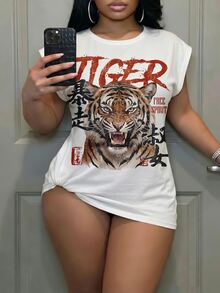 Slaydiva Vintage Loose T-Shirt, Tiger Print, Y2K Style, Suitable For Daily Commute, Dating And Party, All Season Plus Size T-Shirt - Multicolor - View 6