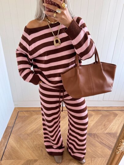 SHEIN EZwear Bộ đồ 2 món nữ mặc nhà mùa thu/đông, phong cách thường ngày dễ thương, len dệt kẻ sọc