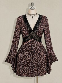 SHEIN ICON Plus Size Women's Lace Patchwork Leopard Print Dress - Multicolor - View 6