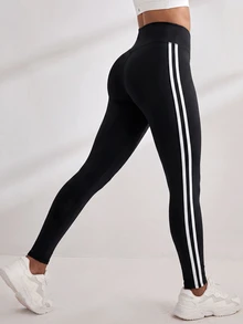 Easithlete Easithlete Women's Asymmetrical Waist Side Stripe Athletic Leggings - Black - View 2
