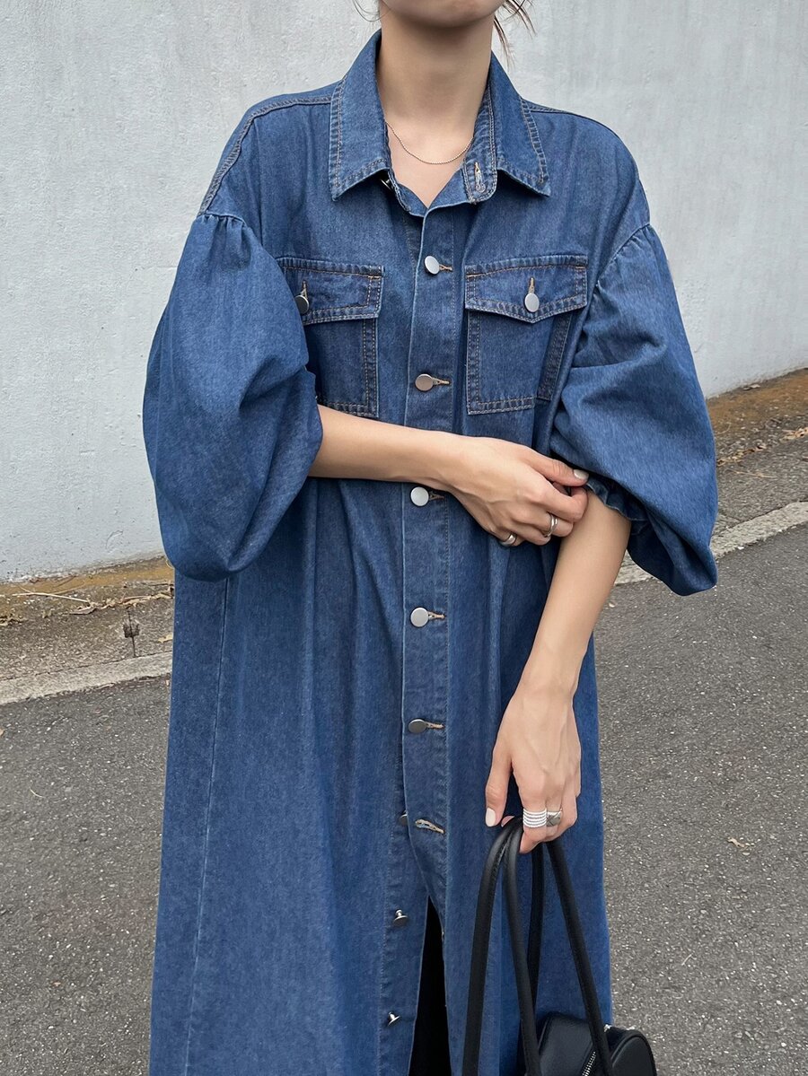 FRIFUL Gaun Denim Kasual Musim Panas Wanita dengan Kancing Tunggal - Biru - View 1