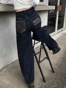 FRIFUL Women's Casual Daily Denim Jeans With Pocket, Button And Letter Pattern - Blue - View 8