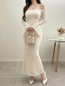 DAZY Women's Sweet & Sexy Lace Off-Shoulder Dress For Wedding And Party - White - View 2