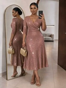 SHEIN Lady Plus Size Women's Elegant Fine Glitter Pleated Dress - Brown - View 1