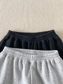 SHEIN 2件組青少年女孩休閒運動長褲，黑白配色，針織秋冬款 - 彩色 - 查看 4