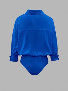 Olithes Plus Size Women's Solid Color Casual Daily Wear Bodysuit - Blue - View 2