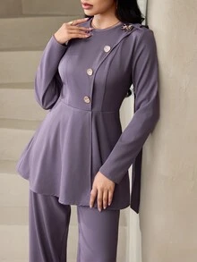 Veilorie طقم نسائي كاجوال من قطعتين بلون موحد، قميص بأكمام طويلة وأزرار أمامية وبنطلون - الأرجواني - مشاهدة 1