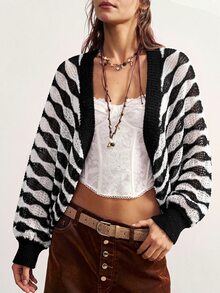 Bohemela Women's Vintage Street Style Colorblock Hollow Knit Cardigan - Black and White - View 11