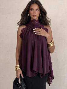 Aloruh Women's Elegant Chiffon Lace Patchwork Ruffle Collar Blouse - Purple - View 1