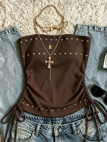 IslaSuriya Women's Coffee Brown Beaded Tube Top, Ruched Drawstring Casual Top - Coffee Brown - View 3