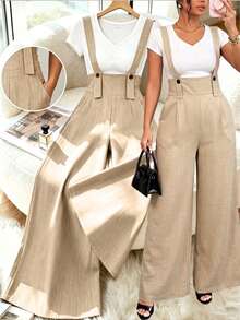 GlowEve CURVE Plus Size Women Solid Color Button Design Pocket Wide Leg Overalls Fall - Khaki - View 7