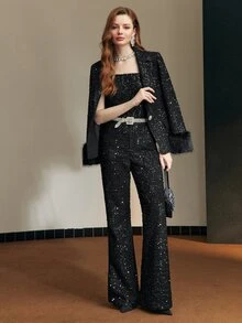 MOTF Tall WOMEN'S TALL AUTUMN/WINTER PARTY SEQUIN TWEED FLARE LEG SUIT PANTS - Black - View 5