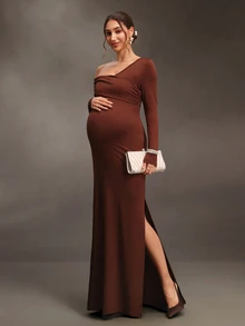 SHEIN Maternity Coffee Brown Cinched Waist Pleated One Shoulder Long Sleeve Slit Dress - Coffee Brown - View 7