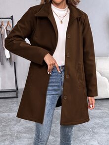 SHEIN 女款優雅休閒長袖黑色大衣 - 棕色 - 查看 4