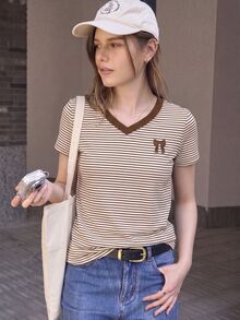 Women's Korean Style Bow Pattern Print Striped Short Sleeve T-Shirt - Coffee Brown - View 6