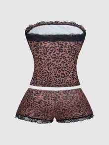 INAWLY Solva Plus Size Women's Contrast Lace Leopard Print Bandeau Top And Shorts Fashion 2 Pieces Set - Brown - View 2
