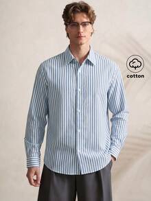 TONEVAULT New Men's Fashion Casual Long Sleeve Shirt, Striped Woven Fabric - Blue and White - View 6