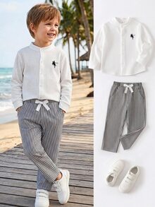 SHEIN 兒童小男孩學院風刺繡Logo立領長袖襯衫/長褲套裝 - 彩色 - 查看 5