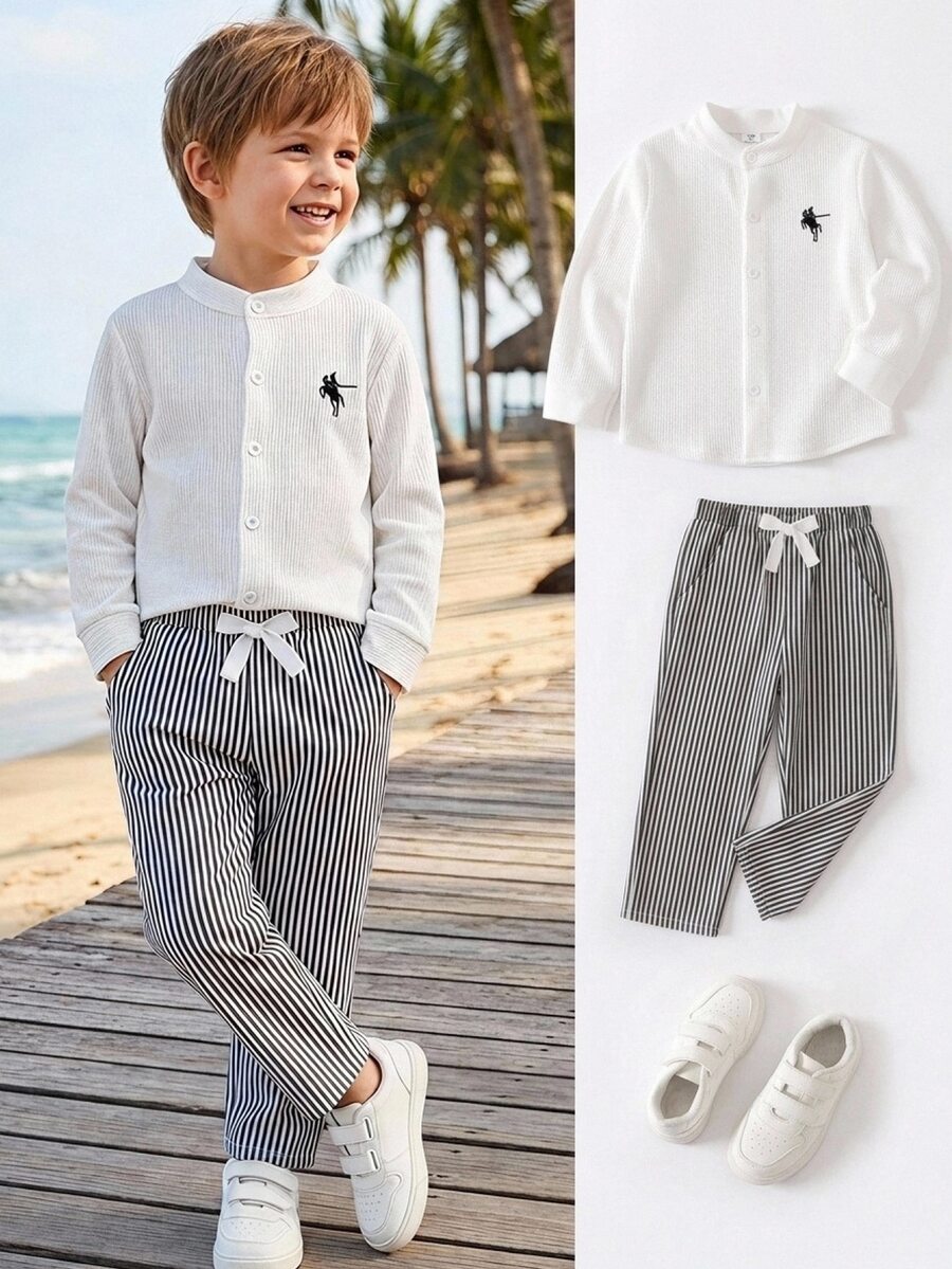 SHEIN Kids Young Boys Collegiate Style Logo Embroidered Stand Collar Long Sleeve Shirt/Pants Set - Multicolor - View 1