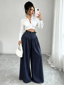 Elenzga 法式風格垂墜寬腿長褲 顯瘦條紋優雅通勤休閒女款長褲 - 藏蓝色 - 查看 7