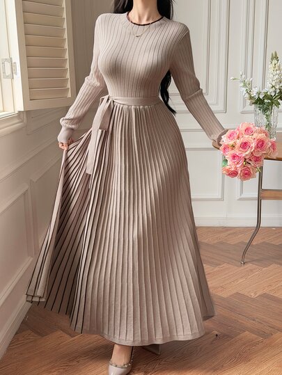 DAZY Autumn/Winter Round Neck Tie Waist Striped Pleated Long Sleeve Khaki Elegant Commute Date Women Sweater Dress