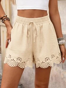 Brillora Women's Cottage Elastic Waist Pants, Summer Boho Casual Vacation Solid Color Woven Loose Shorts, Plain, Hollow Flowers Beige Beach Picnic Holiday - Apricot - View 2
