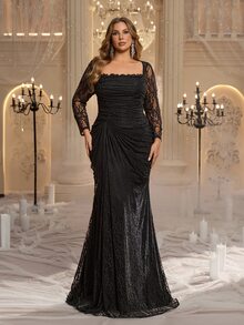Glamrae فستان سهرة رسمي أنيق بتصميم بسيط وهيكلي، مقاس كبير، بياقة مربعة ودانتيل مكشكش وشبه شفاف مع ثنيات، فستان كوكتيل، فستان شبكة خفيف - الأسود - مشاهدة 2