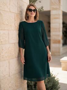 EMERY ROSE Elegant Slit Sleeve Design Dress For Middle-Aged And Elderly Women - Dark Green - View 1
