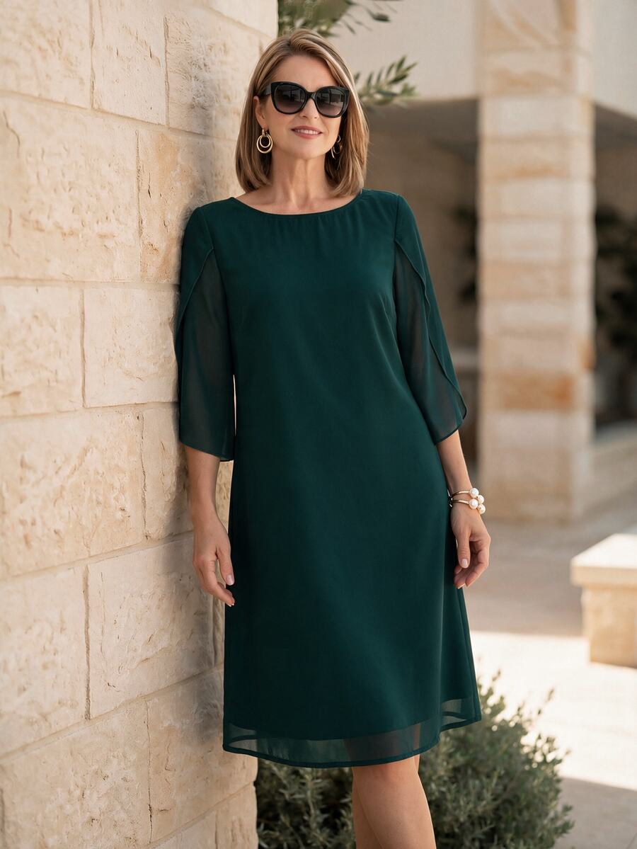 EMERY ROSE Elegant Slit Sleeve Design Dress For Middle-Aged And Elderly Women - Dark Green - View 1