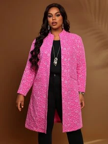 BrightlyHer Plus Size Hot Pink Textured Button Front Jacquard Stand Collar Long Sleeve Jacket Fall Winter 2026 - Hot Pink - View 9