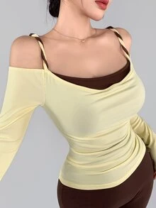 DAZY Camisole Bahu Terbuka Motif Patchwork Warna Kontras 2 In 1 Olahraga Sporty Athleisure T-Shirt Musim Gugur Pilates Gym Kuning Pucat Cokelat Tua - Kuning - View 1