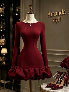 GlowEve Women's Elegant Party Dinner Ruffle Hem Dress Burgundy Winter - Burgundy - View 4
