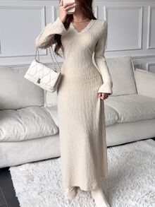 Feyla Women's Faux Pearl Decorated Textured Long Sleeve Elegant Dress - Apricot - View 7