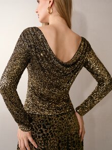 MOTF PREMIUM FASHIONABLE BOAT NECK BACKLESS SEQUIN FITTED TOP - Gold - View 2