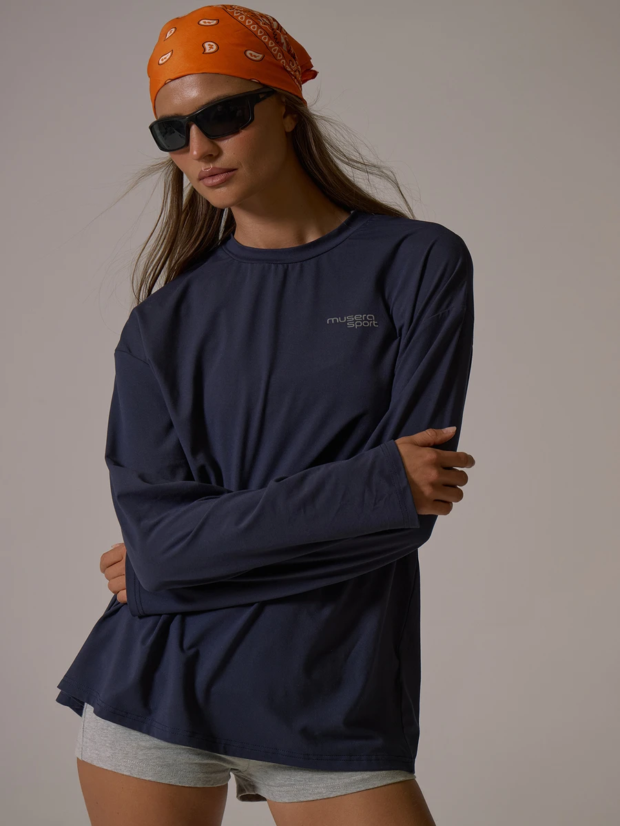 Musera Sport Silver Logo Long Sleeve Oversized Loose Fit Top Fall Autumn Winter Gym Active Pilates Motion - Navy Blue - View 1