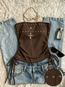 IslaSuriya Women's Coffee Brown Beaded Tube Top, Ruched Drawstring Casual Top - Coffee Brown - View 1