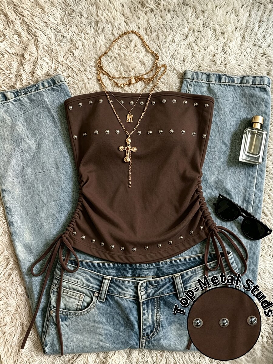 IslaSuriya Women's Coffee Brown Beaded Tube Top, Ruched Drawstring Casual Top - Coffee Brown - View 1