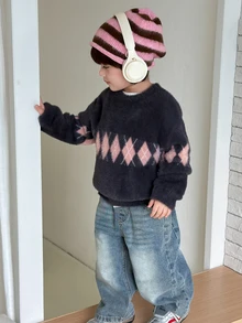 DAZY Infant/Toddler (Boy) Round Neck Diamond Grid Long Sleeve Autumn/Winter Korean Style Sweater - Grey - View 3