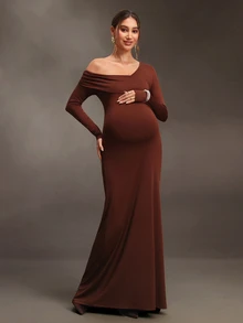 SHEIN Maternity Coffee Brown Cinched Waist Pleated One Shoulder Long Sleeve Slit Dress - Coffee Brown - View 5