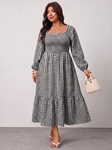 Enliva Plus Size Women's Vacation Loose Plaid Dress - Black and White - View 8