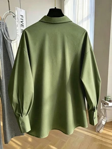 GlowEve CURVE 女款素色休閒寬鬆長袖襯衫，適合日常休閒、通勤與辦公，秋季穿搭 - 軍綠色 - 查看 2